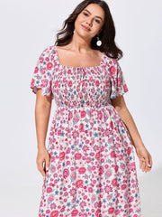 Floral Print Square Shirred Bodice Maxi Dress