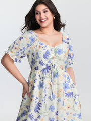 Floral Print Ruched Bodice Ruffled Short Dress