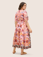 Boho Print V Neck Drawstring Dress