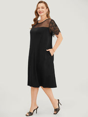Plain Pocket Lace Mesh Patchwork Dress