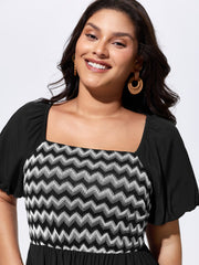 Wavy Color Contrast Square Neckline Midi Dress