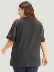 Plain Notched Crochet Lace Raglan Sleeve T-shirt
