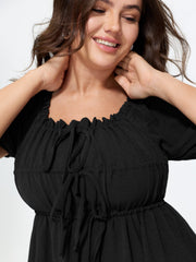 Adjustable Drawstring Tie Front Plain Mini Dress