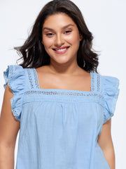 Cotton Ruffled Sleeve Lace Detail Top