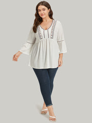 Boho Print Embroidered V Neck Gathered Bell Sleeve T-shirt