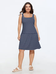 Striped Print Square Neck Rib Mini Dress