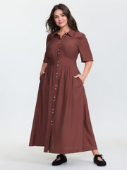 Triangular Waist Button Detail Shirred Maxi Dress