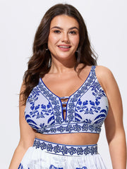 Tropical Print Cut-Out Neckline Swim Top