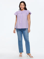 Cotton Textured Lace Trim Placket Blouse