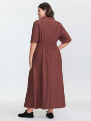 Triangular Waist Button Detail Shirred Maxi Dress
