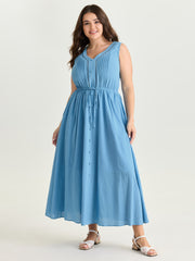 Cotton Pleated Bodice Button Detail Maxi Dress