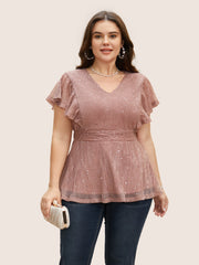 Glitter Mesh V Neck Ruffle Cap Sleeve Blouse