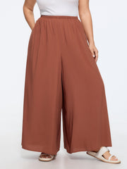 Shirred Waist Plain Flowy Wide-Leg Pants