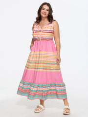 Colorful Striped Print Drawstring Neckline Maxi Dress