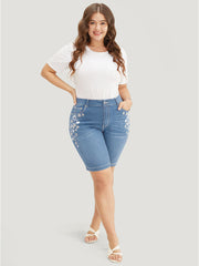 Very Stretchy High Rise Dark Wash Floral Embroidered Denim Shorts