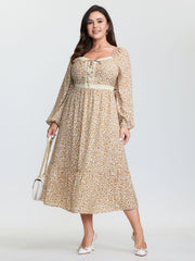 Retro Floral Print Lace Trim Midi Dress