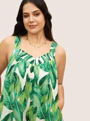 Tropical Print Shirred Side Seam Pocket Jumpsuit