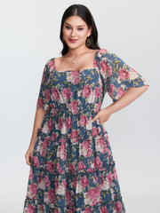 Floral Print Mesh Ruffled Maxi Dress