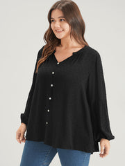 Solid Button Lantern Sleeve Polka Dot Blouse