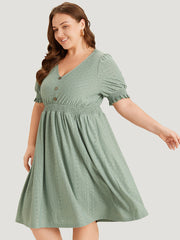 Geometric Eyelet Pocket Button Detail Shirred Dress
