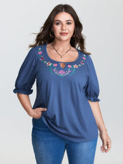 Colorful Floral Embroidered Neckline T-Shirt
