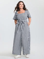 Checkered Print Pockets Waist-Tie Jumpsuit