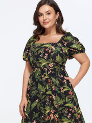 Tropical Floral Print Split Hem Midi Dress