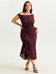 Flocked Floral Stretchy One-Shoulder Midi Dress