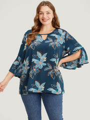 Floral Print Keyhole Neck Split Bell Sleeve Blouse