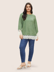 Guipure Lace Raglan Sleeve Plisse Sweatshirt