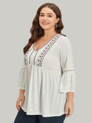 Boho Print Embroidered V Neck Gathered Bell Sleeve T-shirt