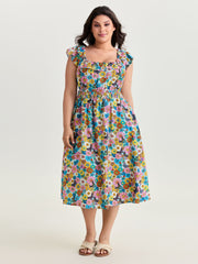 Playful Floral Print Ruffled Straps Midi Dress