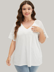 Plain Geometric Mesh Raglan Sleeve Ruffle Trim T-shirt