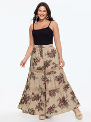Floral Print Tiered Lace Trim Pants