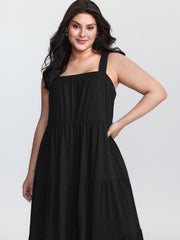 Pleated Wide-Straps Plain Midi Dress