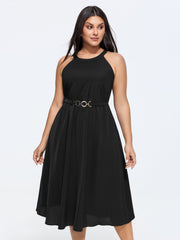 Halter Neckline Waist-Buckle Midi Dress