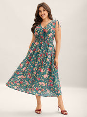 Floral Print Shoulder Tie Pockets Maxi Dress