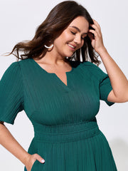Shirred Waist Split Neckline Tiered Maxi Dress