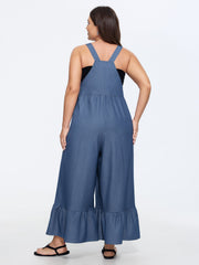 Overall Straps Ruffled Hem Pockets Faux Denim Jumpsuit