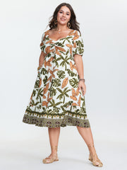 Tropical Print Ruched Sweetheart Neckline Midi Dress