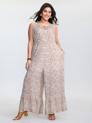 Micro Floral Print Back Tie Ruffled Hem Jumpsuit