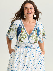 Parrot Print Lace Trim Surplice Neckline Maxi Dress