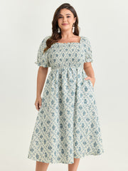Floral Print Shirred Bodice Flowy Midi Dress