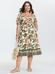 Tropical Print Ruched Sweetheart Neckline Midi Dress
