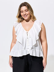 Cotton Ruffled Edges Tassel Plain Blouse