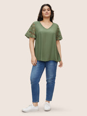 Plain V Neck Floral Patchwork Blouse