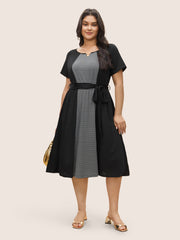 Striped Patchwork Keyhole Belted Raglan Sleeve Dress