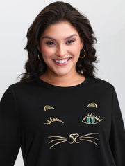 Meow Embroidery Stretchy Round Neck Sweatshirt