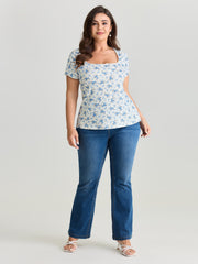Stretchy Floral Print Curvy Hem T-Shirt