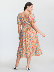 Floral Print Sweetheart Neckline Midi Dress